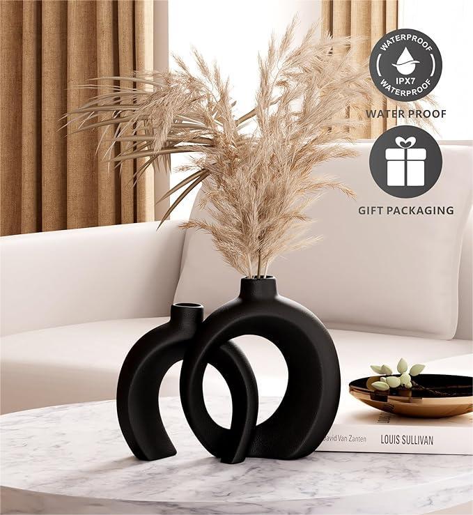 Minimalist Black Vase Set for Legal Offices | Donut Aesthetic Ceramic Home Decor